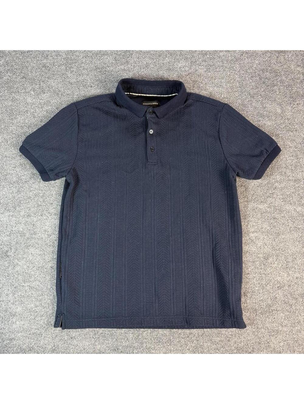 Hudson & Barrow Navy Blue Textured Polo Shirt Medium - Ribbed, golf, preppy